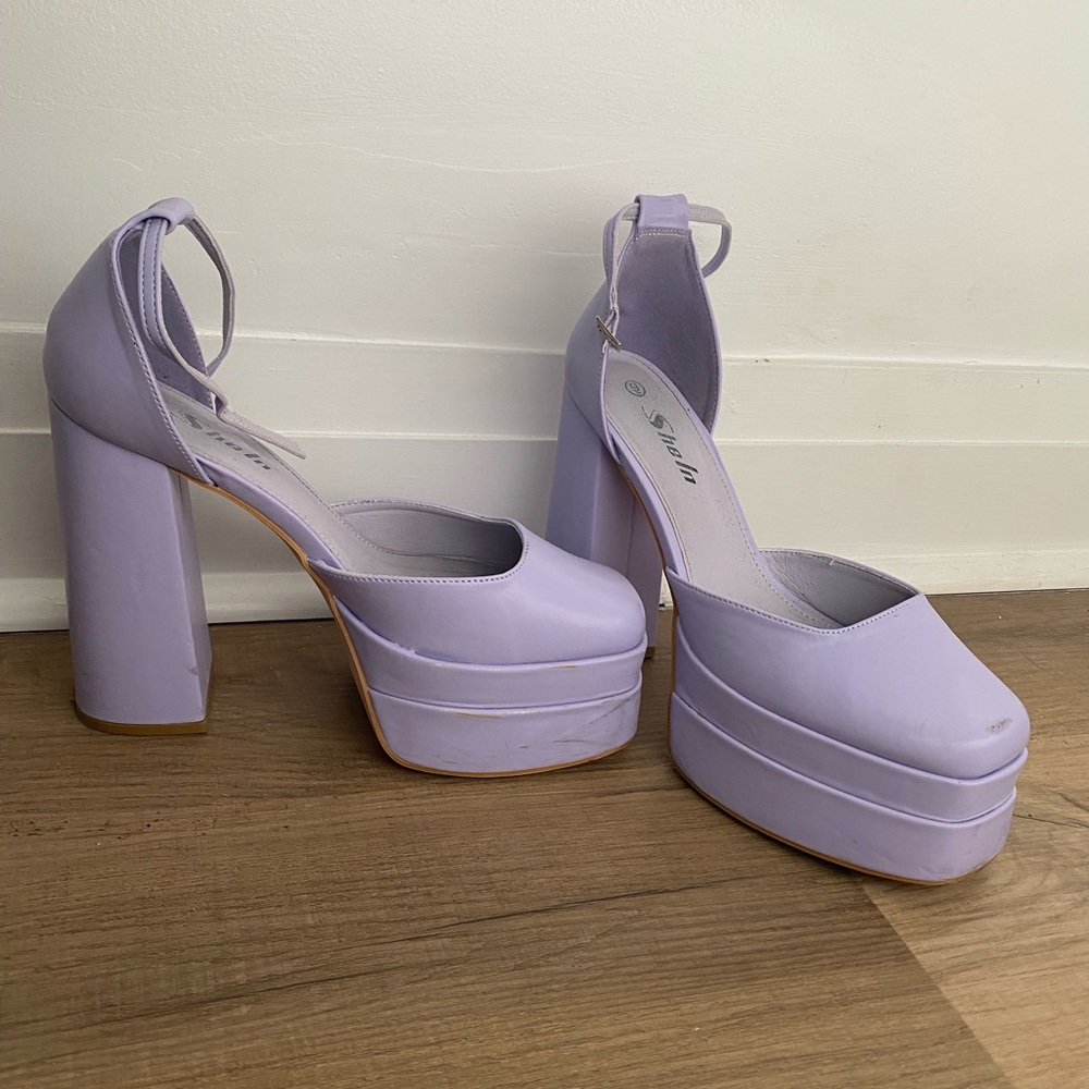 Purple PU Leather Ankle Strap Duo Platform High Heel Pumps